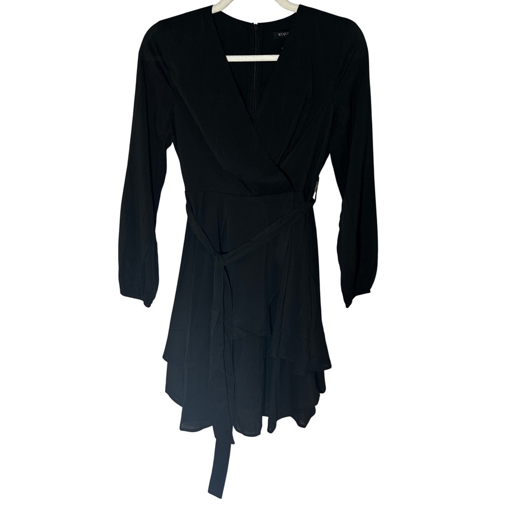 Kojooin Black Long Sleeved Wrap Style Belted Dress Zip Back Women's Size S NWT